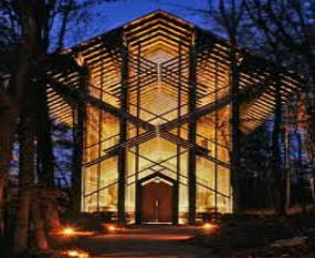 Thorncrown Chapel Fully Lit at Dusk